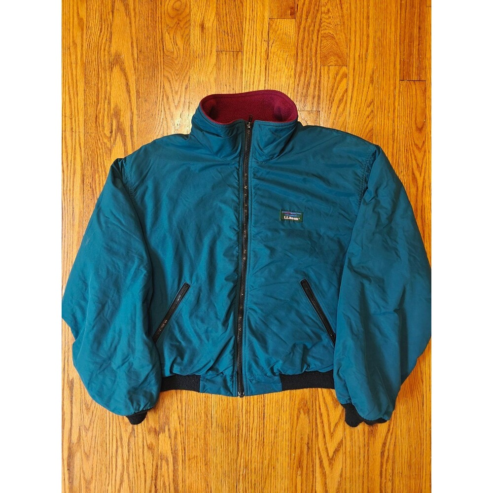 Vintage LL BEAN USA Men’s Med Teal Blue Green Warm Up Fleece Lined Bomber Jacket